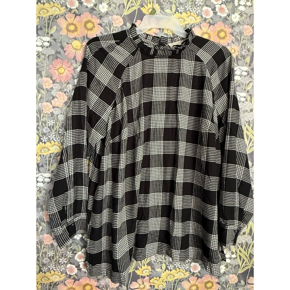 LOFT PLUS Women Black White Plaid Mock Neck Ruffle Long Sleeve Blouse Size 20 - Picture 3 of 9